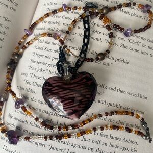 Vintage Zebra Handblown Glass Heart Pendant Necklace with Beaded Chain